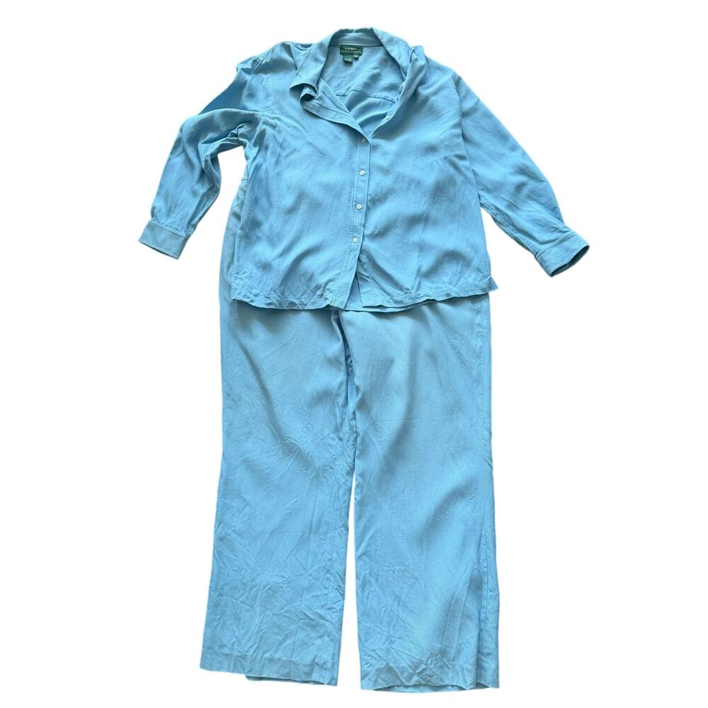 Vintage Ralph Lauren Blue Silk Button Down Shirt Wide Leg Trouser Set